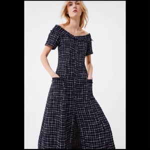 SIZE M ZARA women tweed midi dress navy